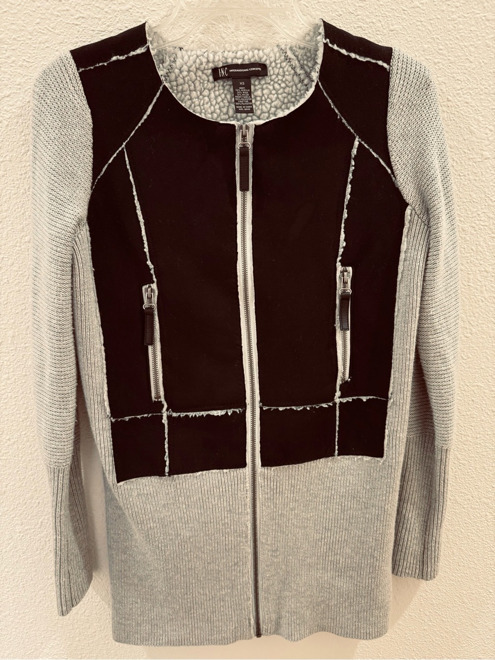 INC International Concepts Black and Light Gray Zip Front Cardigan